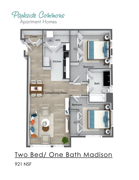 921 SQ FT 2 BED X 1 BA